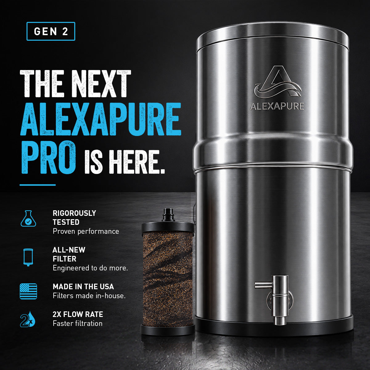 Alexapure Pro Gen 2 introduction graphic — rigorously tested for proven performance, all-new engineered filter, made in the USA in-house manufacturing
