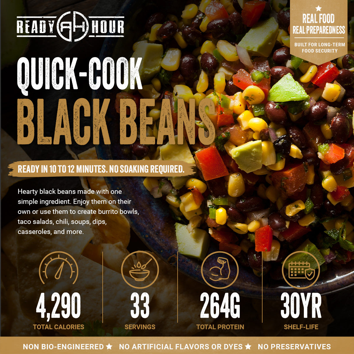 Quick-Cook Black Beans by Ready Hour — 4,290 total calories, 33 servings, 264g protein, 30-year shelf life, ready in 10 to 12 minutes