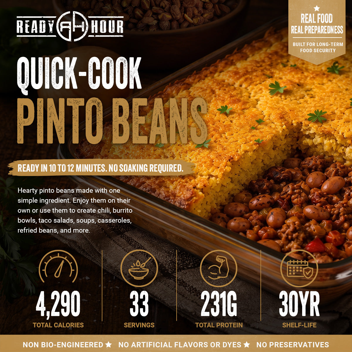 Quick-Cook Pinto Beans by Ready Hour — 4,290 total calories, 33 servings, 231g protein, 30-year shelf life, ready in 10 to 12 minutes