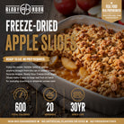 Ready Hour Freeze-Dried Apple Slices shown in a bowl with key product benefits and serving information