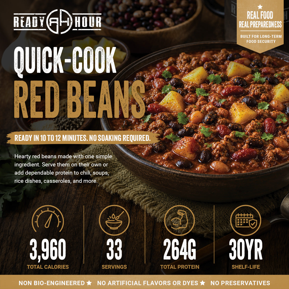 Four steps to prepare Ready Hour Quick-Cook Red Beans: bring water to a boil, add beans, simmer 10-12 minutes