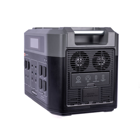 Image of Black and grey portable emergency power battery with a capacity of 2048Wh, equipped with various output ports and charging cables, ready for emergency use.