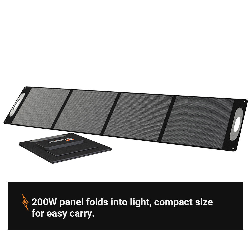 Compact and durable 200W monocrystalline solar panel with weatherproof pouch and corner grommets for versatile mounting options, displayed open and folded.