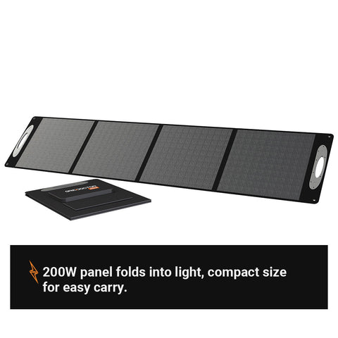 Image of Compact and durable 200W monocrystalline solar panel with weatherproof pouch and corner grommets for versatile mounting options, displayed open and folded.