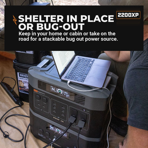 Image of Person inside using a laptop connected to a Grid Doctor 2200 battery paired with a 2200XP expansion battery for power.