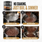 How to cook Ready Hour Quick-Cook Pinto Beans — boil water, add beans, simmer 10-12 minutes, drain and serve. No soaking required