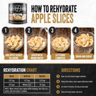 Step-by-step guide showing how to rehydrate Ready Hour Freeze-Dried Apple Slices with water