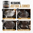 How to cook Ready Hour Quick-Cook Black Beans — boil water, add black beans, simmer 10-12 minutes, drain and serve. No soaking required