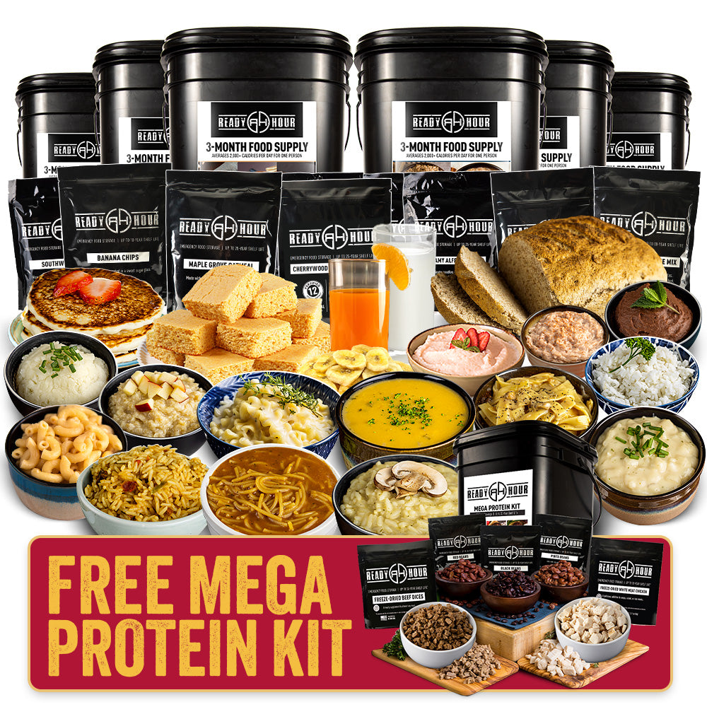 3-Month Emergency Food Supply + Free MEGA Protein Kit w/ Real Meat