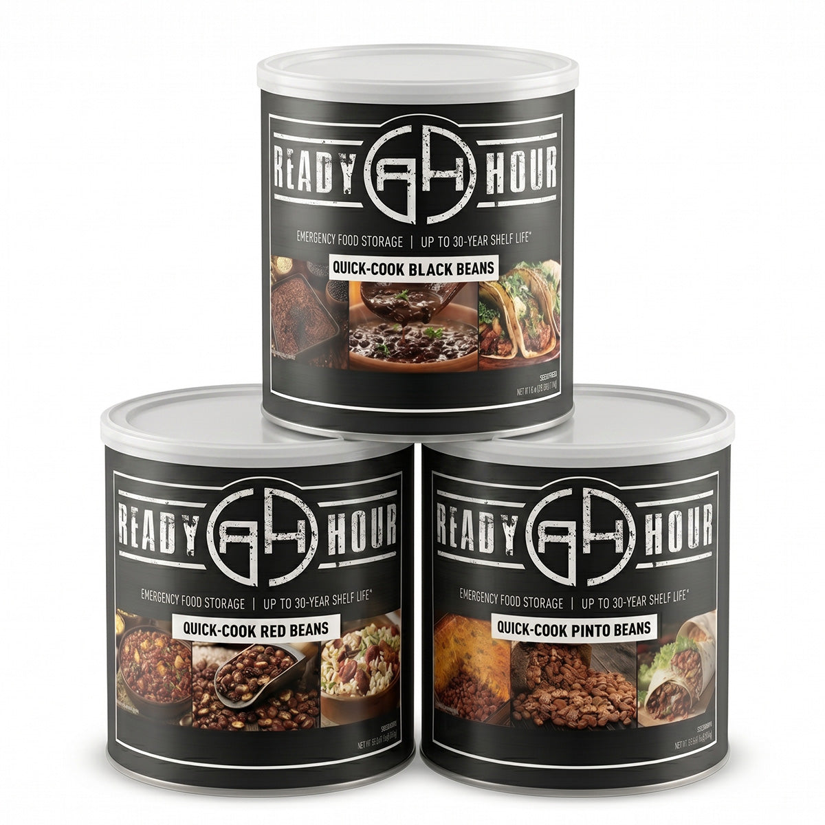 Ready Hour Quick Cook Beans Trio featuring Black Beans, Pinto Beans, and Red Beans.