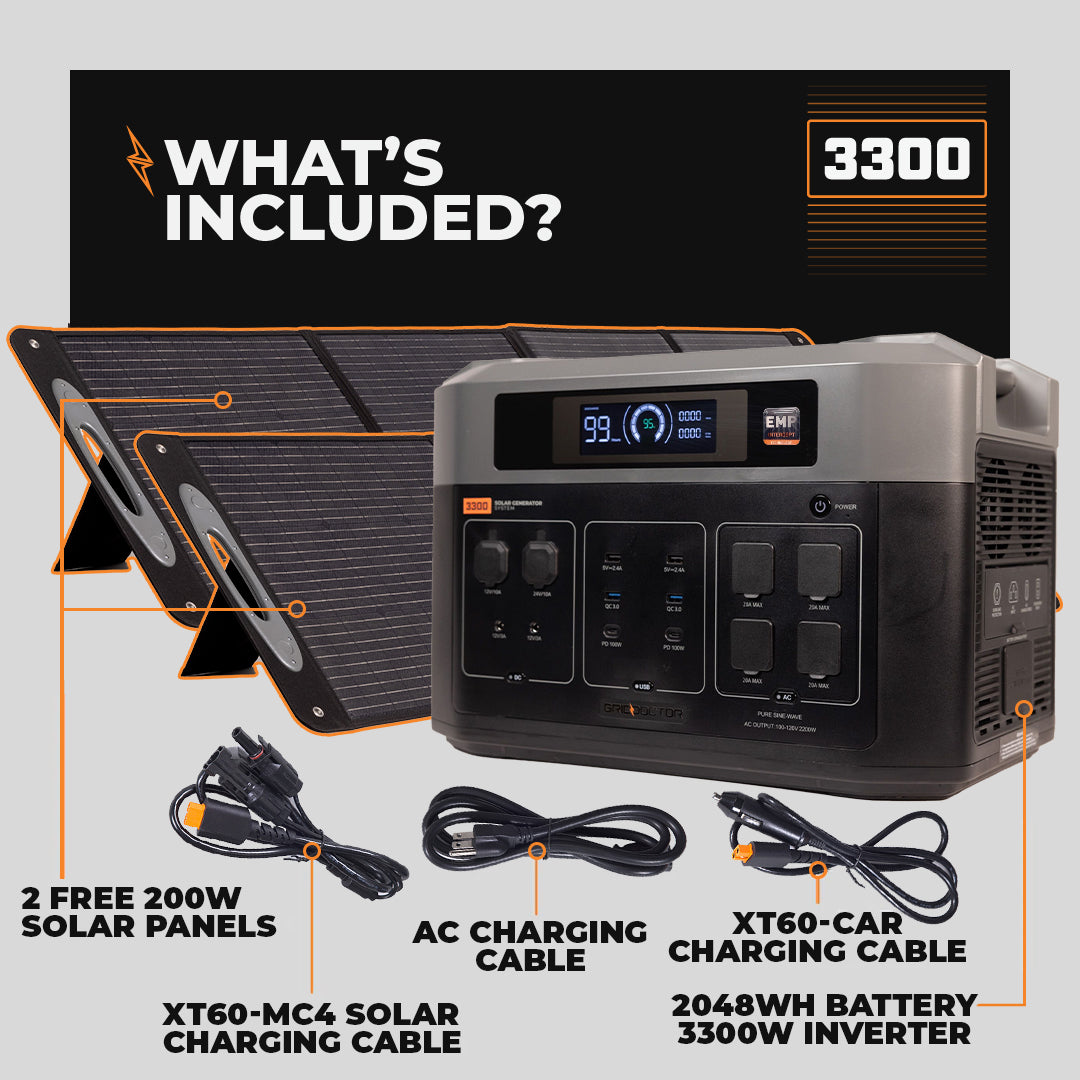 3300 Solar Generator System w/ EMP Intercept Technology + 2 FREE Waterproof 200W Solar Panels by Grid Doctor