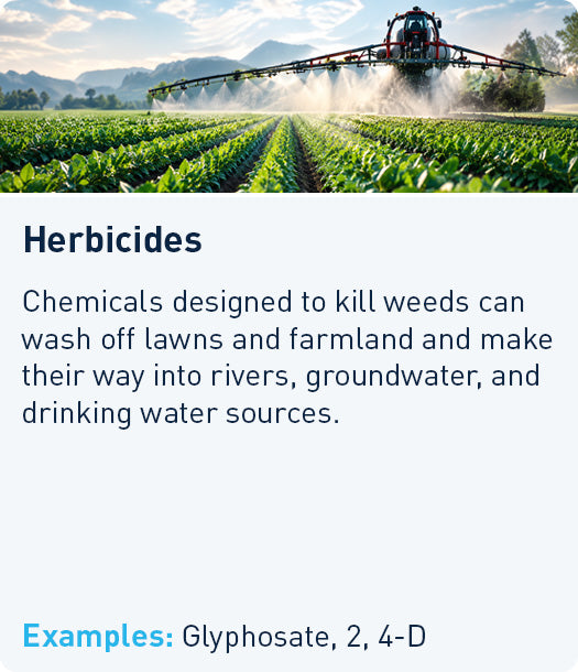 Herbicides: weed-killing chemicals wash off lawns and farmland into rivers, groundwater, and drinking water. Examples: Glyphosate, 2,4-D