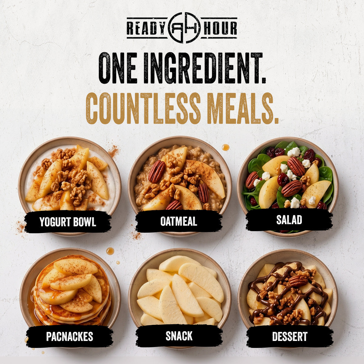 Ready Hour Freeze-Dried Apple Slices infographic highlighting one-ingredient simplicity and meal uses