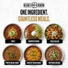 One ingredient, countless meals — Ready Hour Pinto Beans used for chili, burrito bowl, taco salad, pinto bean soup, cheesy bean bake, and refried beans