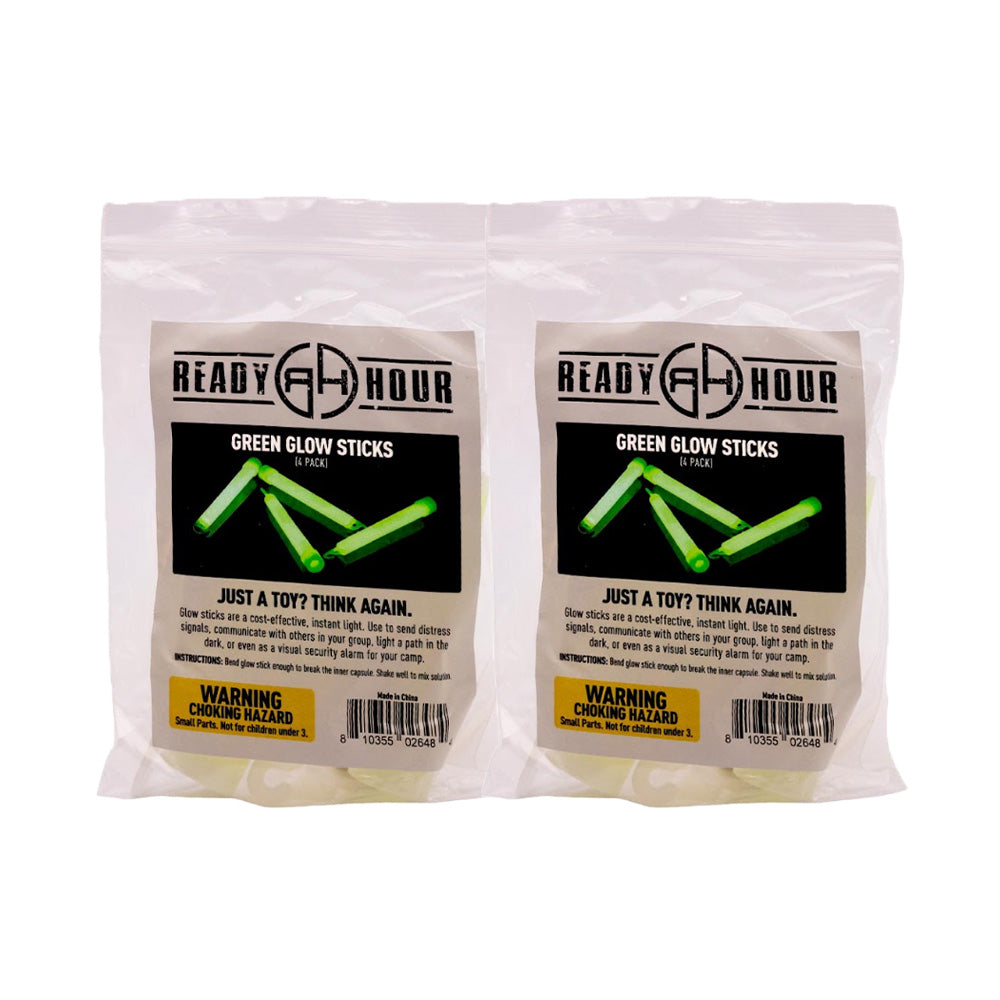 Two Ready Hour Four Pack 4-inch Green Glow Sticks packages displayed side by side on a white background.
