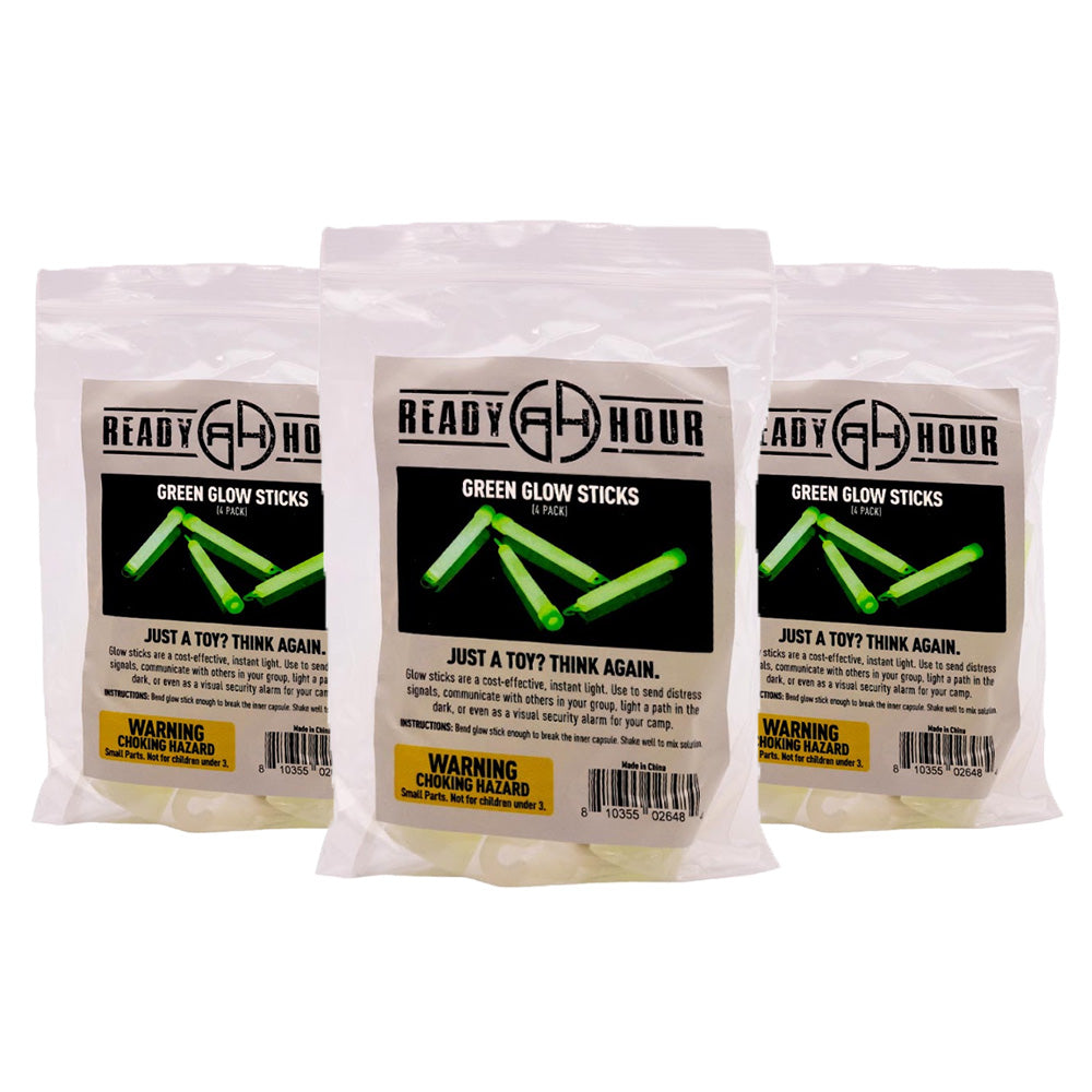 Three Ready Hour Four Pack 4-inch Green Glow Sticks packages arranged together on a white background.