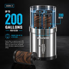 Alexapure Pro Gen 2 filter capacity diagram — up to 200 gallons per filter, system holds up to 4 filters for increased combined capacit