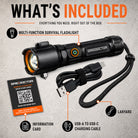 What's included: flashlight, USB-A/USB-C charging cable, lanyard, and information card