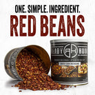 Ready Hour Quick-Cook Red Beans #10 can with dehydrated red beans spilled out, one simple ingredient
