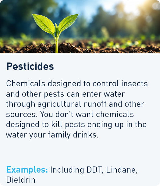 Pesticides: enter water through agricultural runoff. Examples: DDT, Lindane, Dieldrin