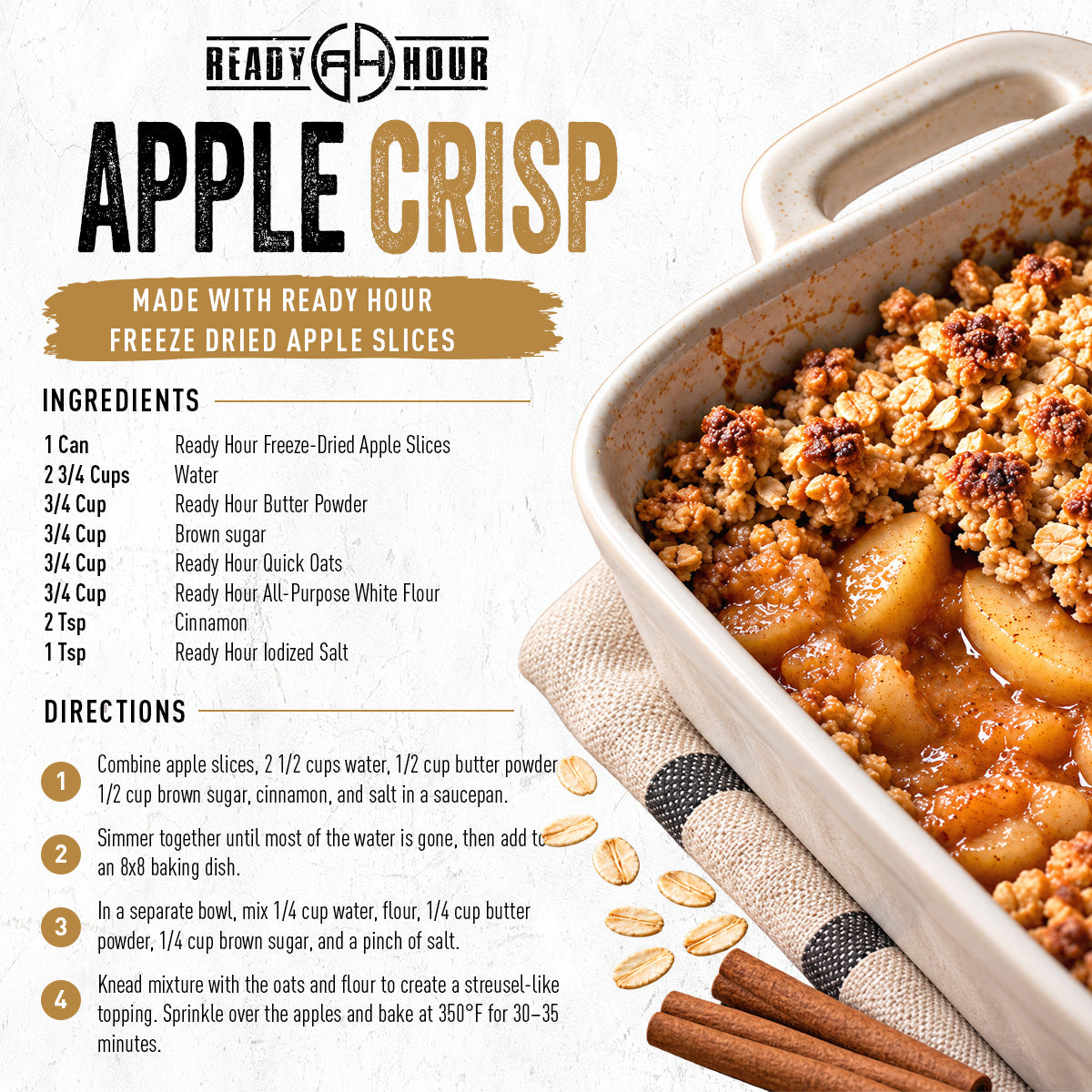 Ready Hour Apple Crisp recipe graphic featuring Freeze-Dried Apple Slices and preparation instructions