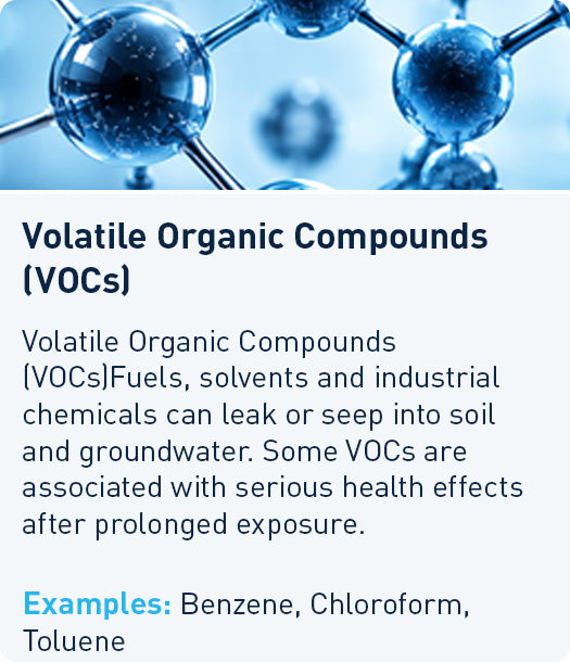 Volatile Organic Compounds (VOCs): fuels, solvents, and industrial chemicals that can seep into soil and groundwater, some linked to serious health effects. Examples: Benzene, Chloroform, Toluene