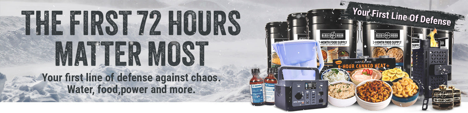 Emergency preparedness kit with text about the importance of the first 72 hours.