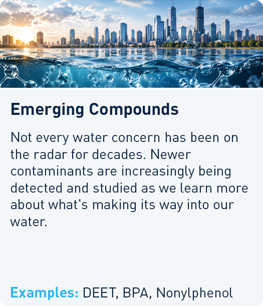 Emerging Compounds: newer contaminants increasingly detected and studied in water supplies. Examples: DEET, BPA, Nonylphenol