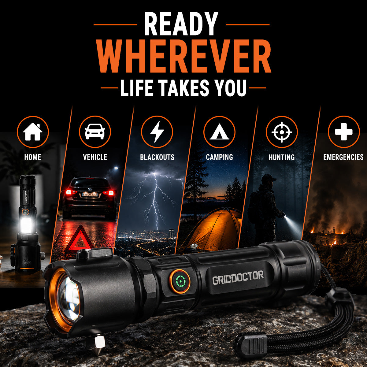 Grid Doctor flashlight ready for home, vehicle, camping, and hiking use