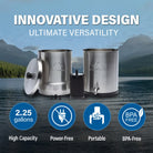 An Alexapure water filter system, disassembled and assembled, set against a lake and mountain backdrop, highlighting its "INNOVATIVE DESIGN" and features like "High Capacity" and "Power-Free."
