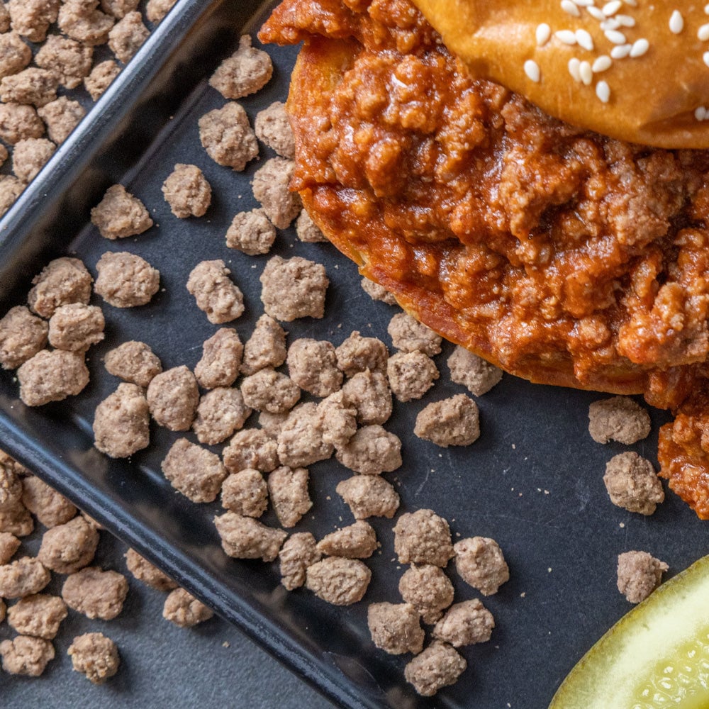 Freeze-Dried Beef Crumbles in a sandwich and on a plate