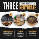 Three easy steps to rehydrate beef - add water, soak, drain & serve