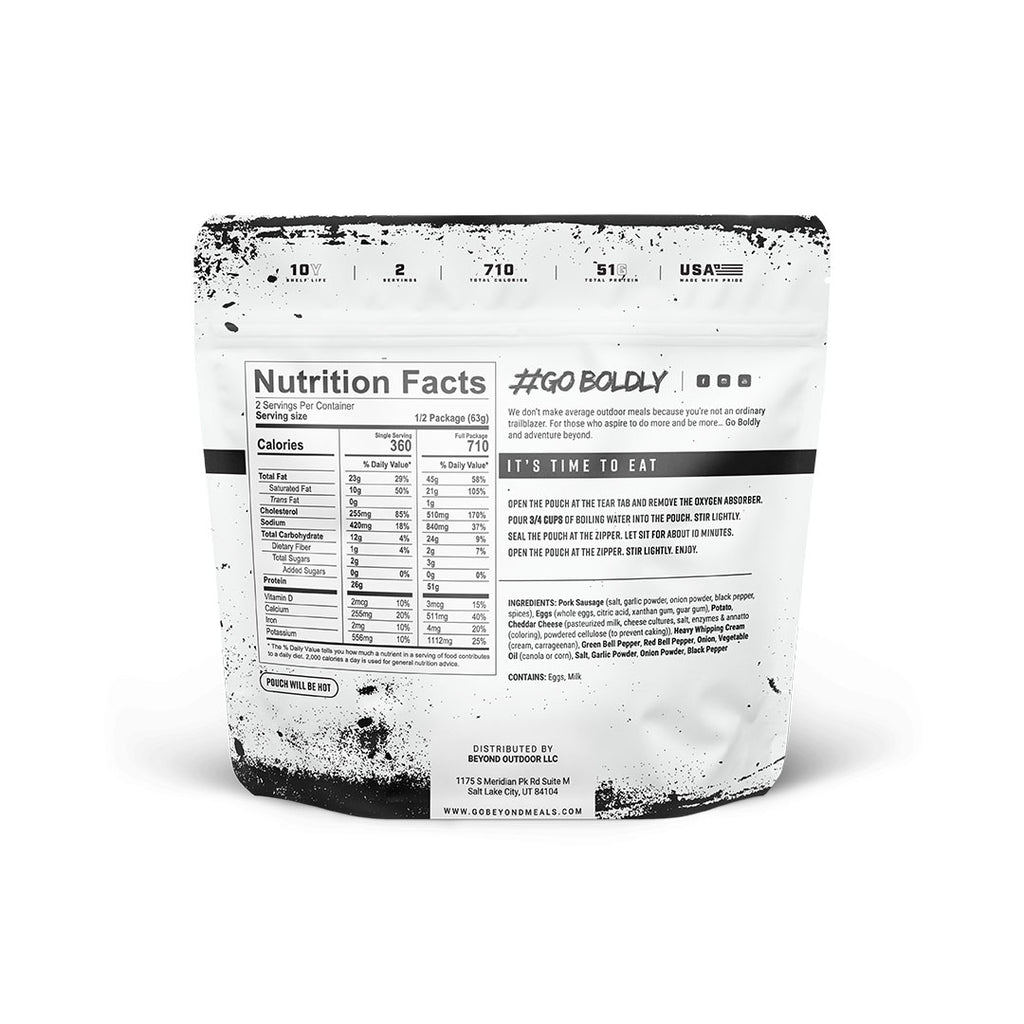 Nutritional facts for Beyond Outdoor Meals Breakfast Skillet, printed on a white package.