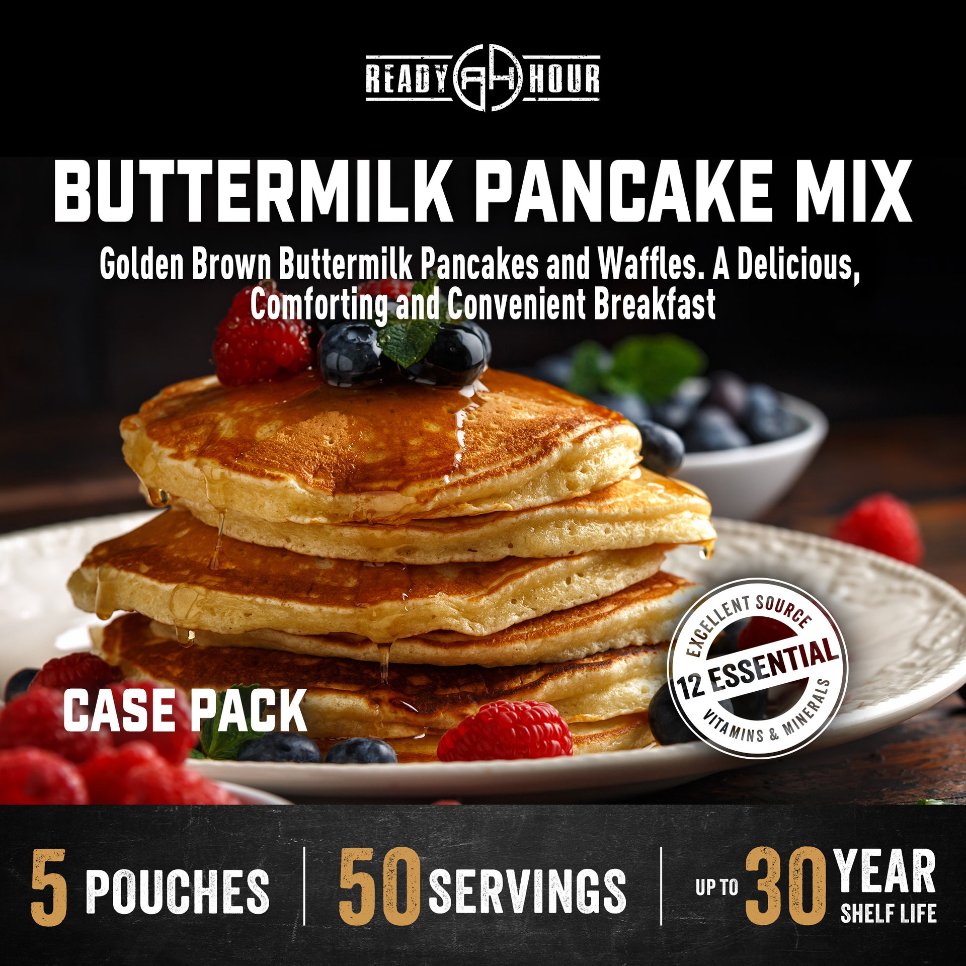 Stack of buttermilk pancakes and berries on a plate