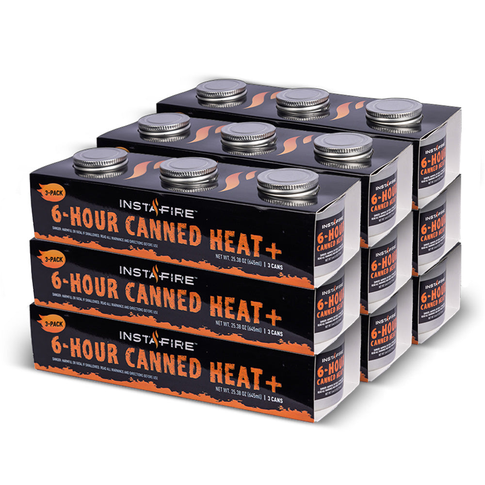 Six stacked Instafire 6-Hour Canned Heat+ packs on a clean white background.