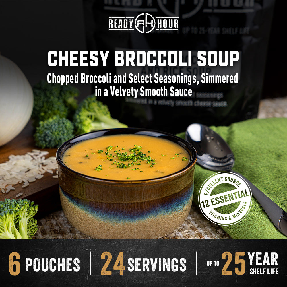 Cheesy broccoli soup in a bowl with broccoli and spoon