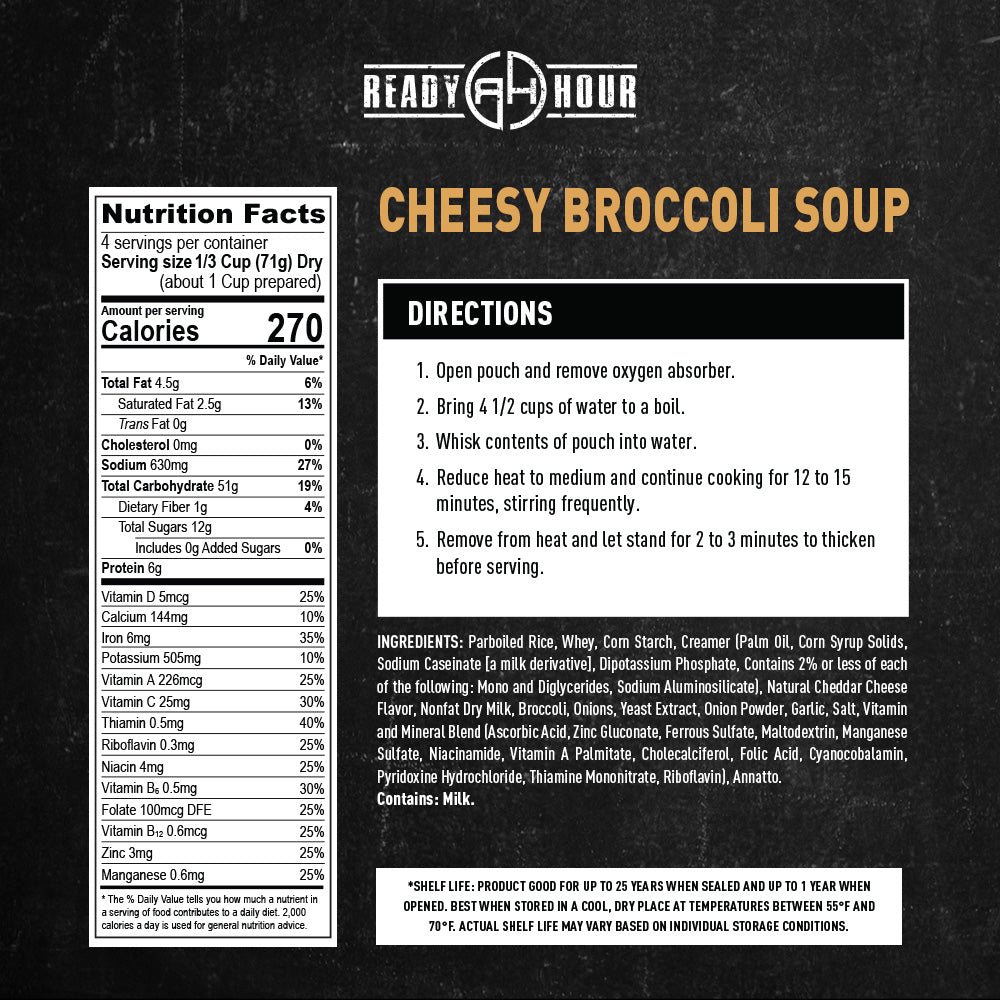 Label for Cheesy Broccoli Soup with nutrition facts and directions