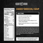Label for Cheesy Broccoli Soup with nutrition facts and directions
