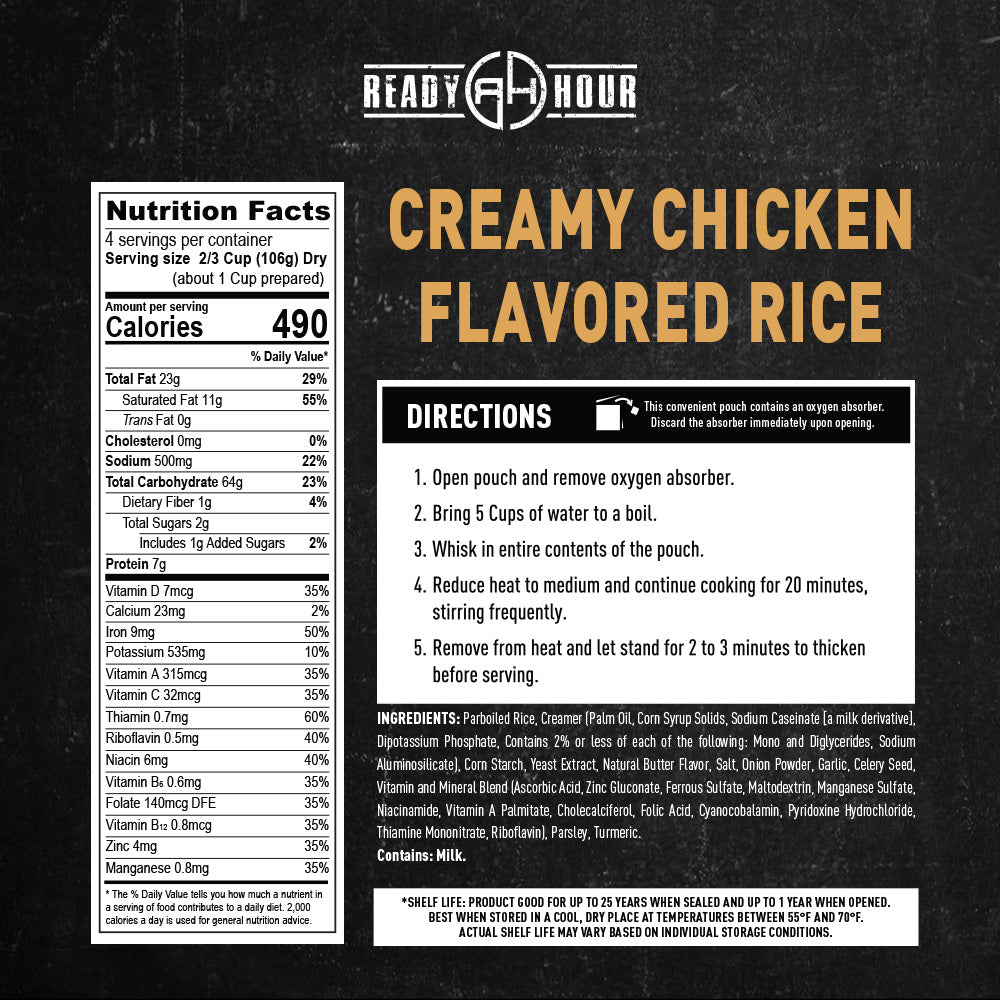 Nutrition facts and directions label for Ready Hour Creamy Chicken Flavored Rice