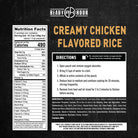 Nutrition facts and directions label for Ready Hour Creamy Chicken Flavored Rice