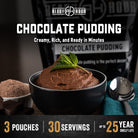 Chocolate pudding in a bowl with a spoon