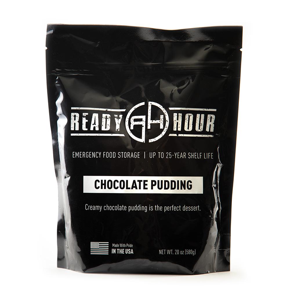 Black Ready Hour Chocolate Pudding pouch, front label view.