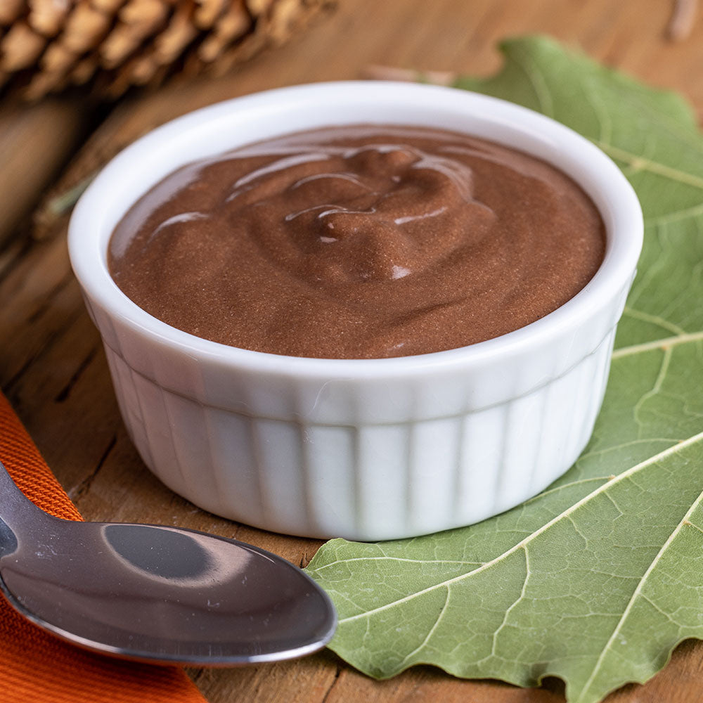 Chocolate pudding in a white ramekin with a spoon resting beside it on a green leaf.