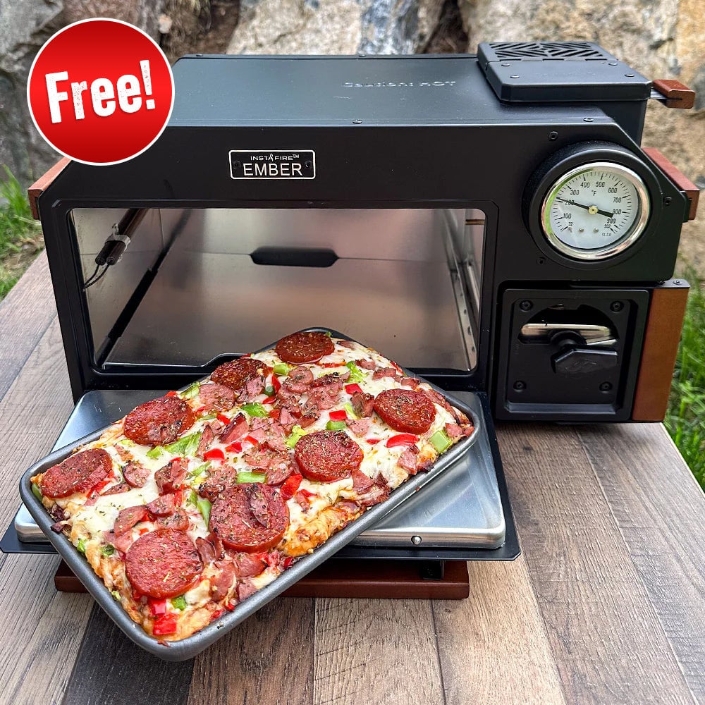 Portable ember stove cooking a pizza with Independence Day Bundle