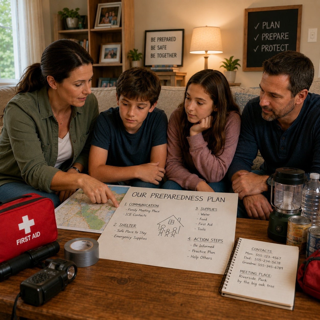 A family going over their emergency plans