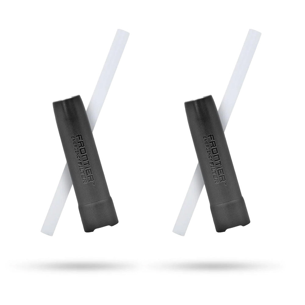 Two Aquamira Frontier Straw portable water filters with clear drinking tubes displayed on a white background.
