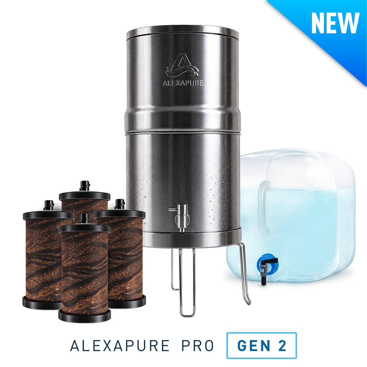 Alexapure Pro Ultimate Flow Water Filtration Kit — stainless steel gravity water filter system with 4 replacement filters, stainless steel stand, and 5-gallon collapsible water container