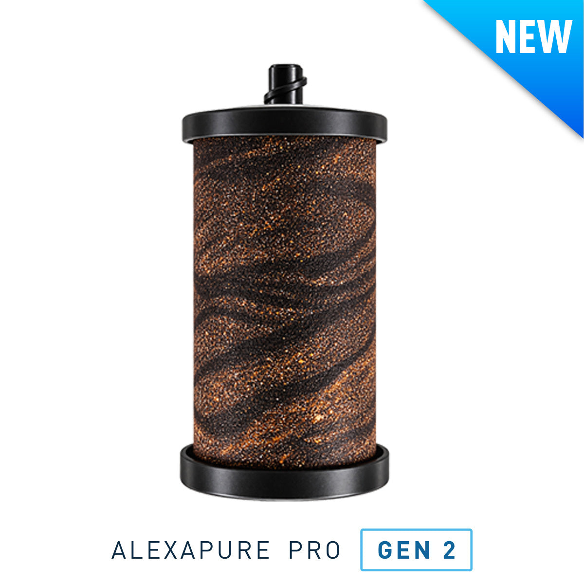 Alexapure Pro Gen 2 replacement filter cutaway diagram — advanced multi-stage filtration media, easy to replace and maintain, backed by $100K+ in independent lab testing and 2 years of R&D