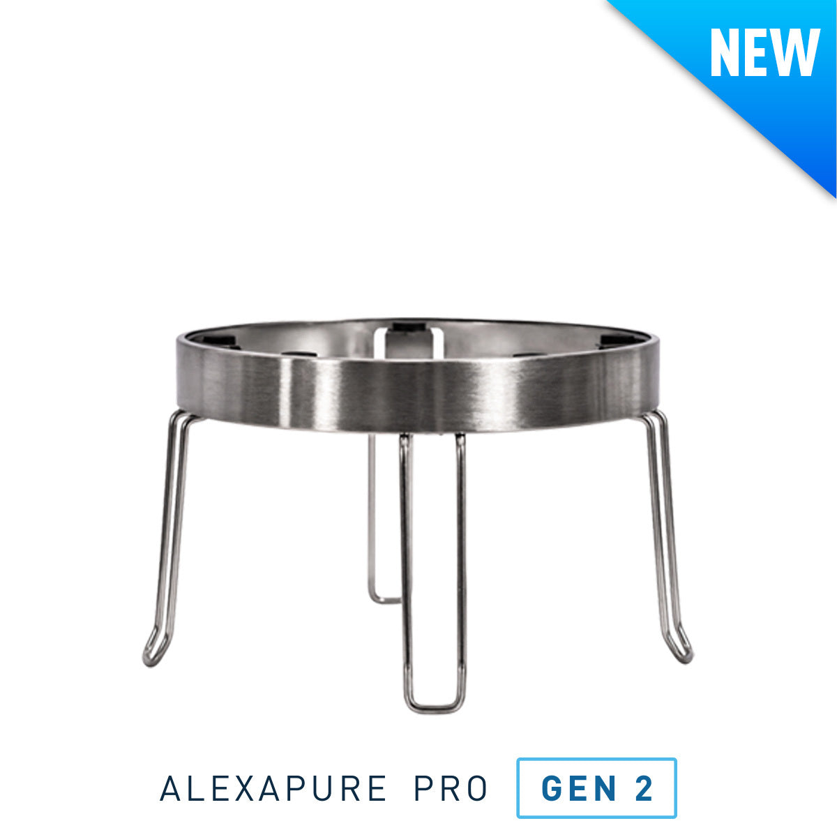 Alexapure Pro Gen 2 stainless steel stand with foldable legs on white background