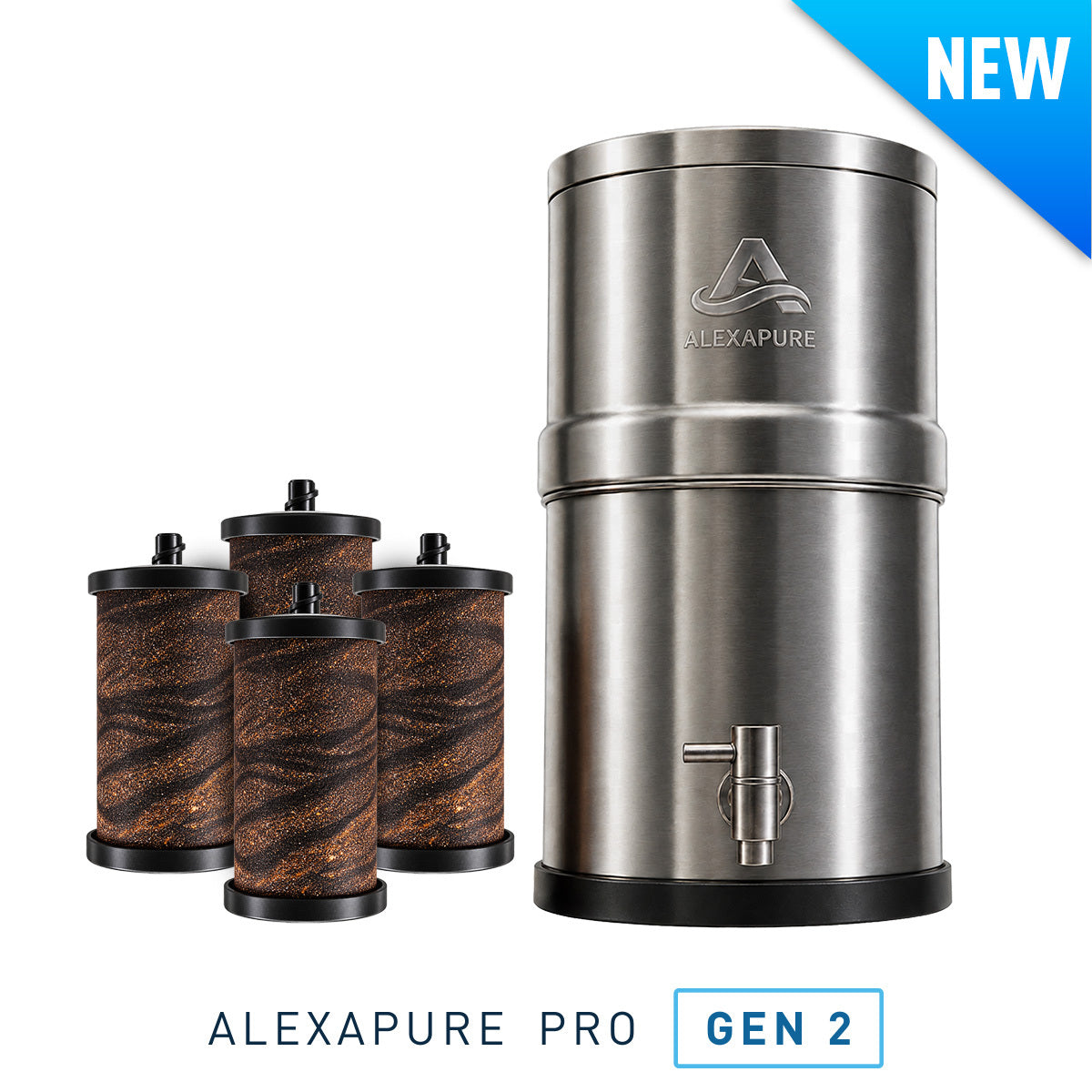 Alexapure Pro Super Flow Water Filtration Kit overview — 4X Gen 2 filters with up to 800 gallons total capacity, 5-gallon total system capacity, filters made in the USA, rigorously tested, all-new filter, 2X flow rate